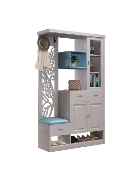 A foyer cabinet with a built-in stool