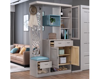 A foyer cabinet with a built-in stool