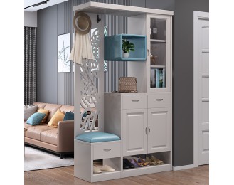 A foyer cabinet with a built-in stool